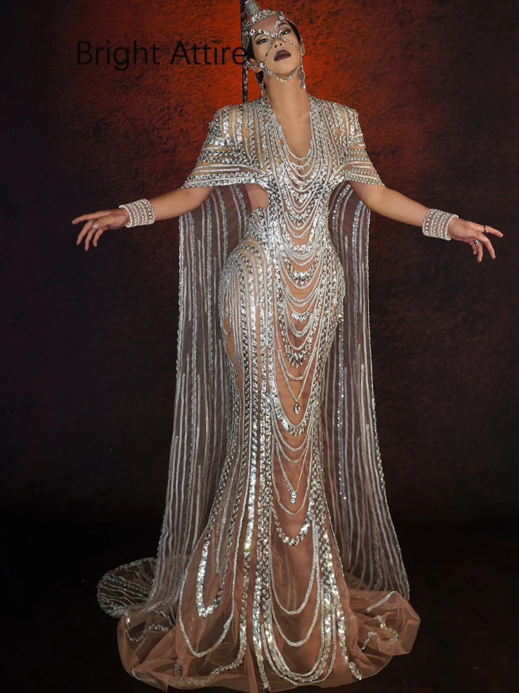 Silver Shiny Fringe Long Sleeve Drag Queen Cover-Up Gown