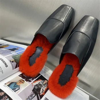 

2020 autumn winter Baotou half slippers real mink fur fashion high-end genuine leather flat bottom square head women's shoes
