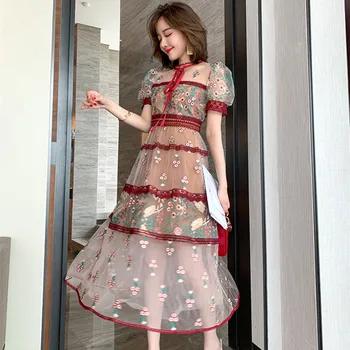 

High-end Luxury New Women Flower Embroidery Dress Sweet O-Neck Bow Lace up Short Sleeve Lace Patchwork Vintage Mesh Dress