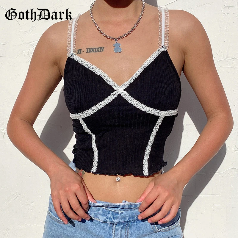 Goth Dark Sweet E-girl Black Camis Bodycon Lace Patchwork Ruffles Floral Strap Crop Tops Sexy Deep V-neck Backless Women Wear