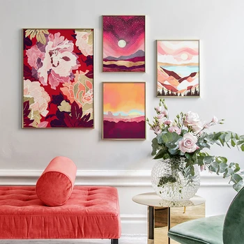 

Colorful Flower Wall Art Red-crowned Crane Art Poster Blush Pink Canvas Prints Painting Nordic Decoration Living Room Home Decor