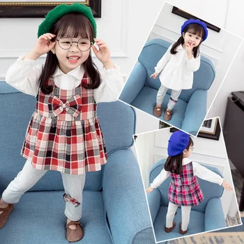 

3Pcs Outfits Sets Baby Girls Clothes Cute Long Sleeve Blouse Tops + Plaid Dress+ Pants Leggings