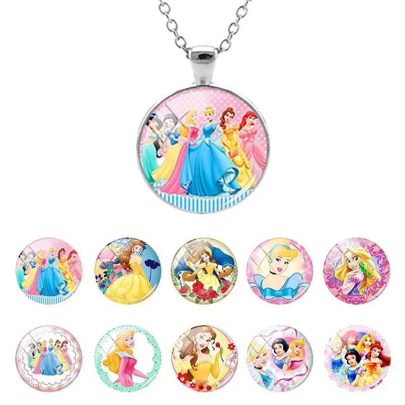 Disney Princess Cinderella Belle Alice Pattern Hot Sale 25mm Glass Dome Pendant Necklace for Girls Gift Cabochon Jewelry DSN54 | Украшения