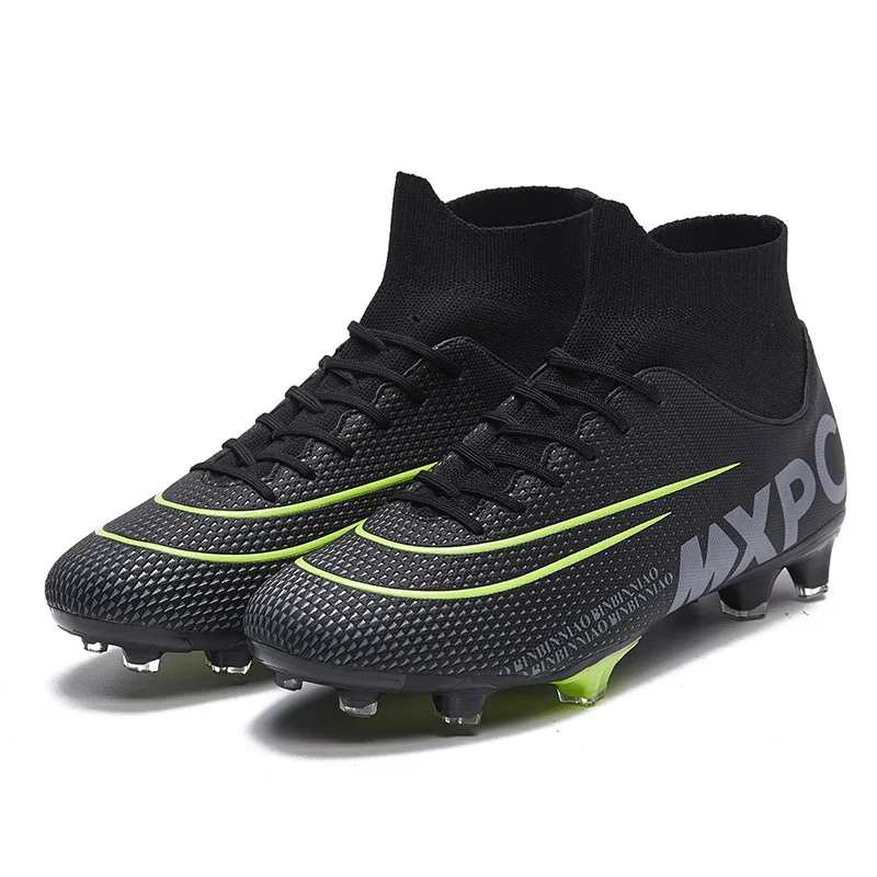 Мужская футбольная обувь футбольные ботинки высокие ботильоны тренировочные кроссовки уличные TF/FG футбольные бутсы дети мальчики оригинальная обувь для футзала - Цвет: black long spike