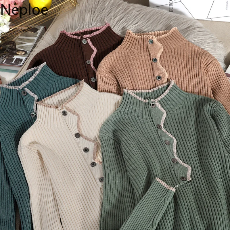 Neploe Half High Neck Pullover Long Sleeve Sweater Women Contrast Color Patch Button Design Pull Femme Slim Bottom Sueter 48332 |