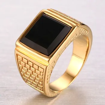 

Big black agate gemstones Rings for men bague 18k gold color titanium stainless steel cool fashion jewelry accessories sizes7-13
