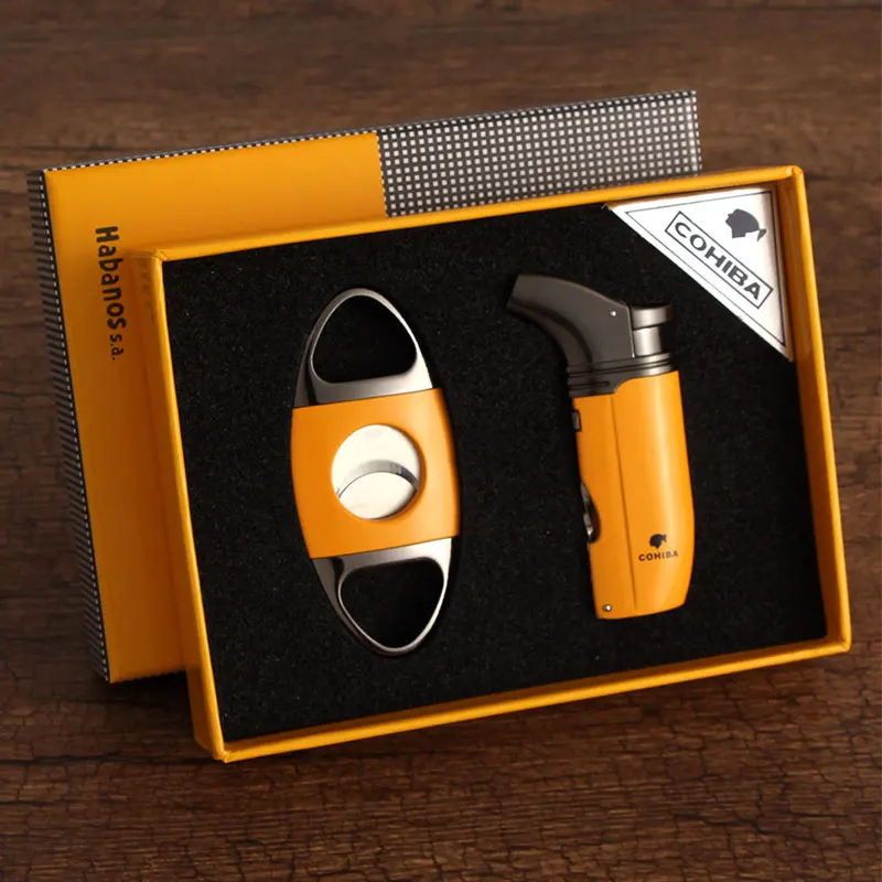 

COHIBA Pocket Cigar Lighter Cutter Set Metal Luxury Cigars Cutters 2 Torch Lighters Portable Cigar Accessories With Gift Box