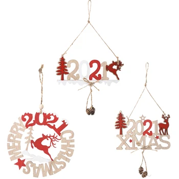 

1Pcs Merry Christmas 2021 Wooden Pendant Ornaments New Year Christmas Tree Wall Hanging Decorations