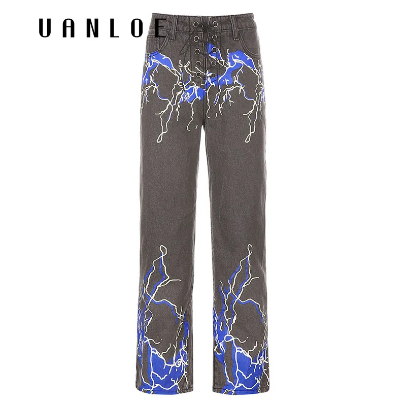

Lightning Printed Women Jeans Fashion High Waist Buttons Fly Denim Pants Capris Gothic Streetwear Straight Jean Trousers