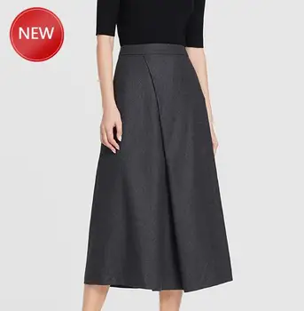 

Zwart/Grijs Wol Blend Colid Kleur Eenvoudige Asymmetrische Midi Rok Met Geplooide Detail Elfbop Top Versie Dames