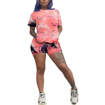 

2 Pieces Suit Set for Women Tie-Dye Print Round Neck Short Sleeve T-Shirt+Shorts For Gift Shopping Daily Wear