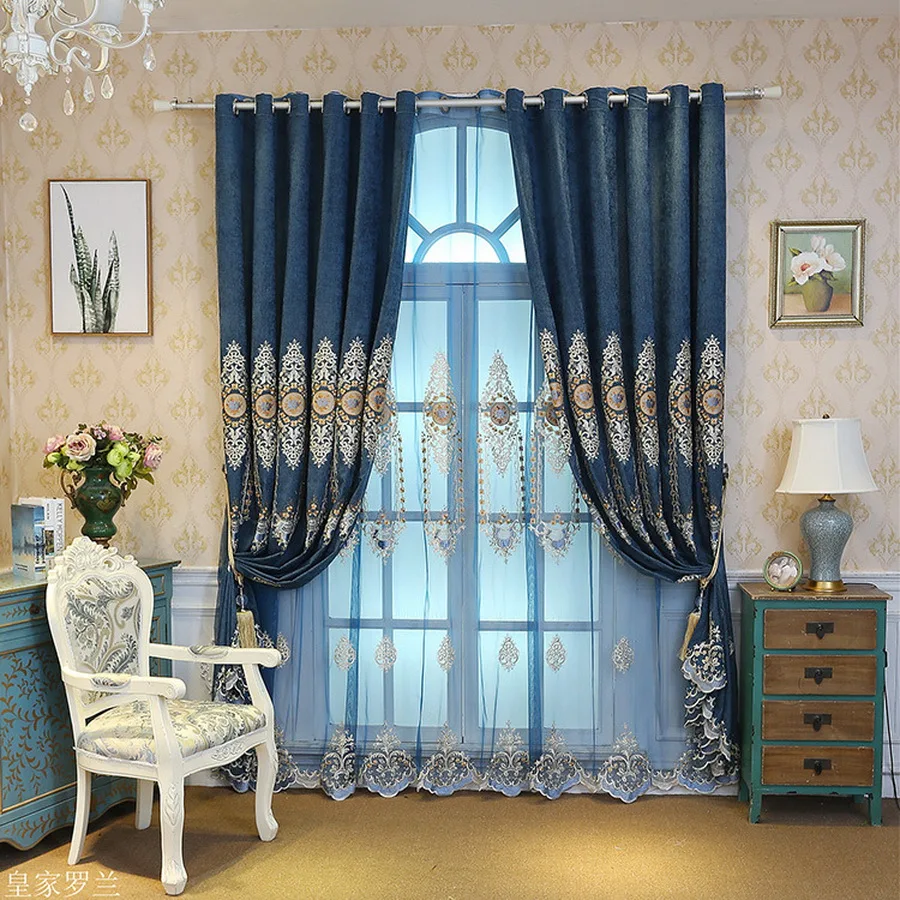 Королевский синий Европейский Роскошные затемненные шторы синель ткань для гостиной спальня отель украшения дома Вышивка Тюль #4
