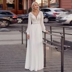 Weilinsha Chiffon Long Sleeves V-Neck Wedding Dress Classic A-Line Appliques Lace Brdail with Court Train Vestido De Novia