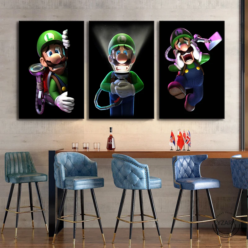 3 Панели Mario Bros Luigis, Мультяшные картины, настенные картины, декор для спальни, Luigis Mansion, 3 видеоигры, искусство, декор для стен, живопись