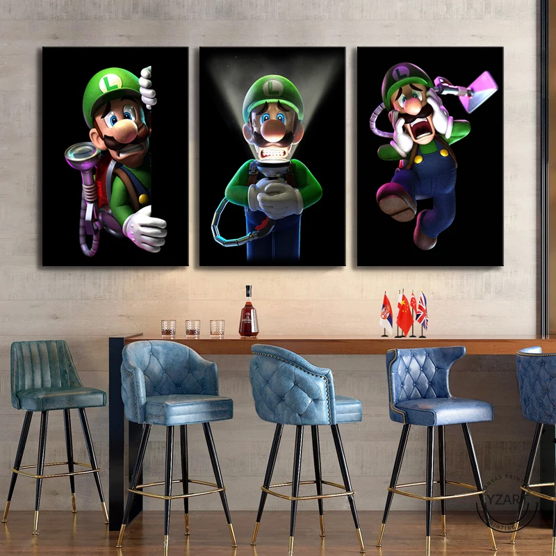 Kaufen 3 Panels Mario Bros Luigis Cartoon Bilder Wand Gemälde Schlafzimmer Decor Luigis Herrenhaus 3 Video Spiele Kunst Wand Dekor Malerei