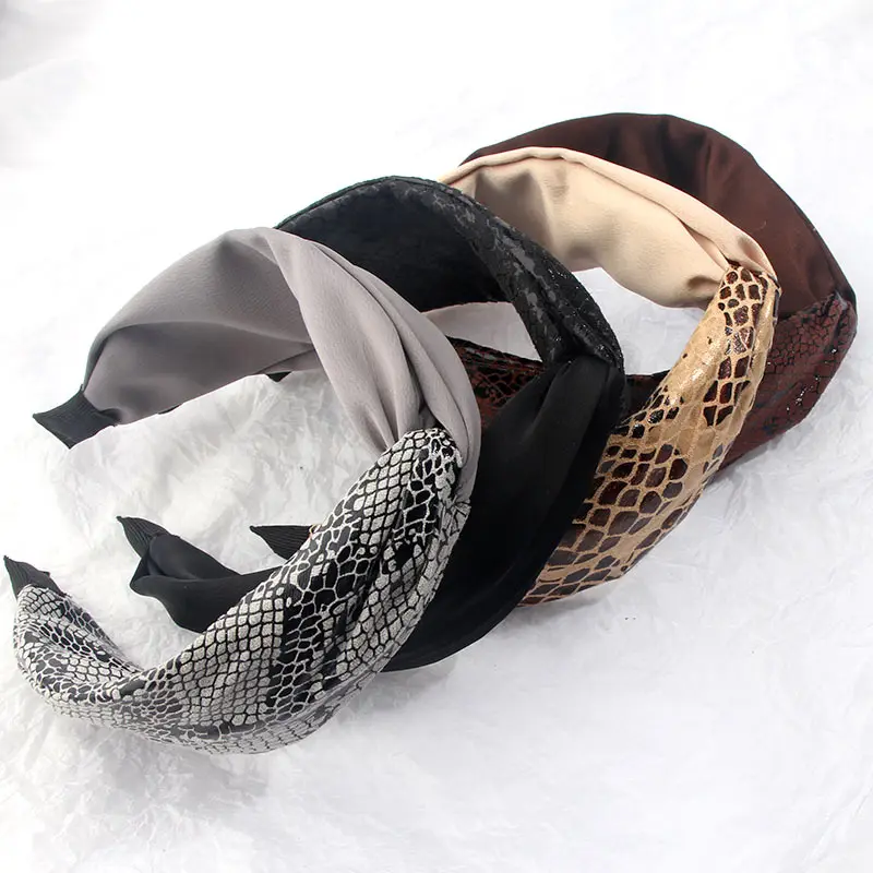 JUST FEEL 2020 PU Leather Snake Print Headbands For Women Fashion Splice Cross Knotted Bezel Hairbands Girls Hair Accessories |