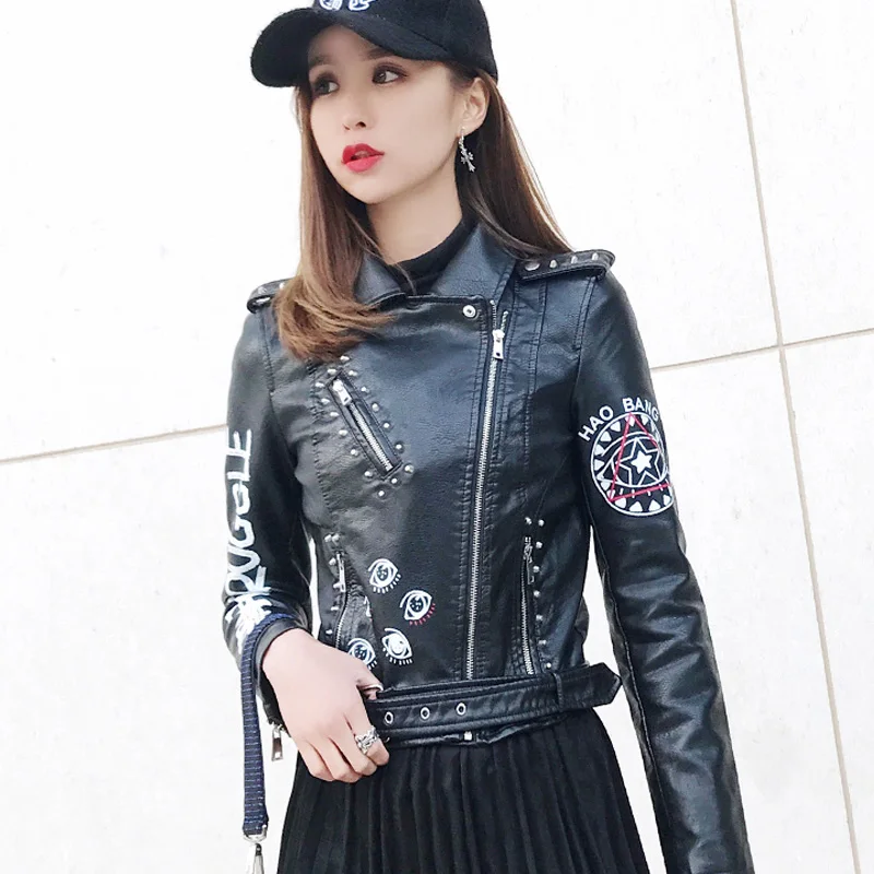 Jacket Punk Biker-Coat Rivets Leather Short Letters-Print Motorcycle Women Outwear Ailegogo
