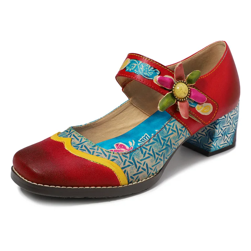 

Woman sandals Genuine Leather Retro Block Square High Heels Buckle Strap 3-5CM Printing Women Shoes Flower zapatos de mujer 2023