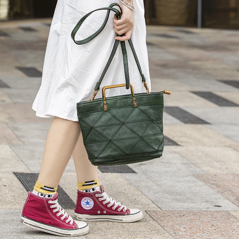 

Full-grain Leather Geometry Handmade Joint WOMEN'S Bag Retro Casual Literature And Art Hand Crossbody Bag