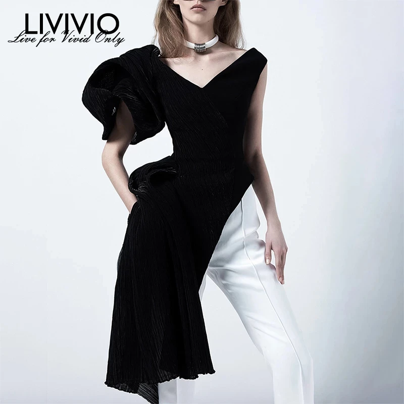 

[LIVIVIO] Asymmetrical Elegant Women's Shirt V Neck Puff Sleeve Hem Irregular Long Blouses Female 2019 Fashion Clothing New