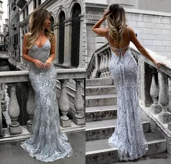 

Silver Prom Dresses Mermaid Spaghetti Straps Sequins Backless Sexy Long Prom Gown Evening Dresses Evening Gown