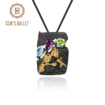 

GEM'S BALLET Natural Multicolor Gemstones 925 Sterling Silver Handmade Humming Bee Flower Floral Garden Woman’s Pendant Necklace