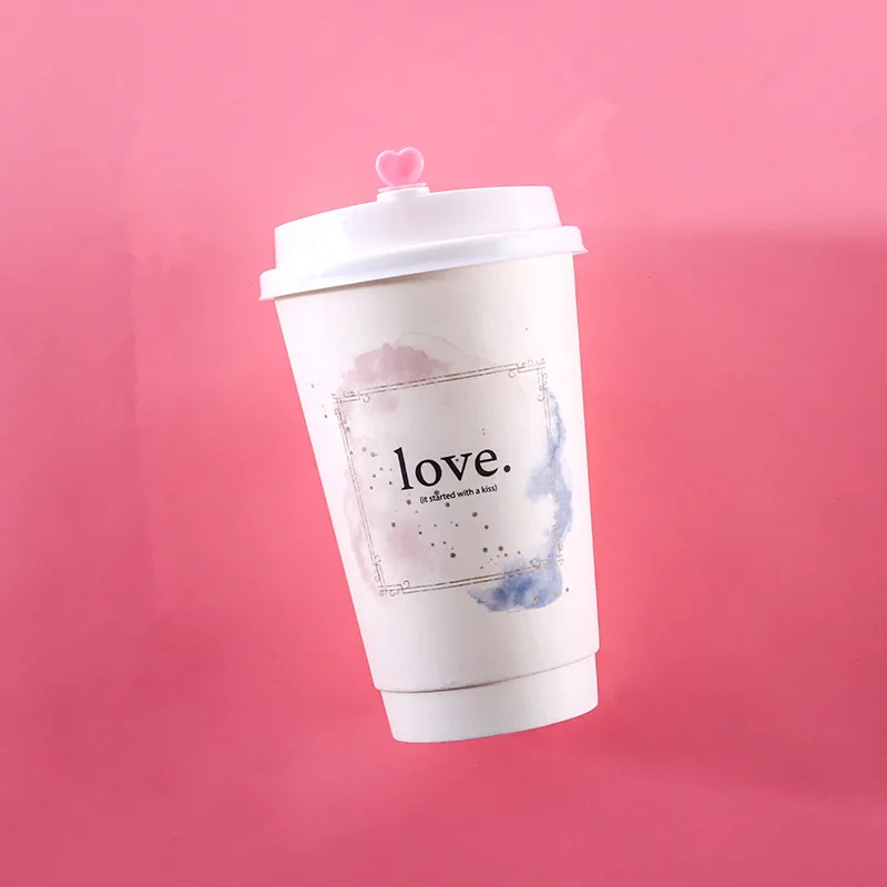 

50pcs High quality double layer hallow disposable coffee cup 500ml 16oz birthday wedding pary cold hot drink paper cup with lid