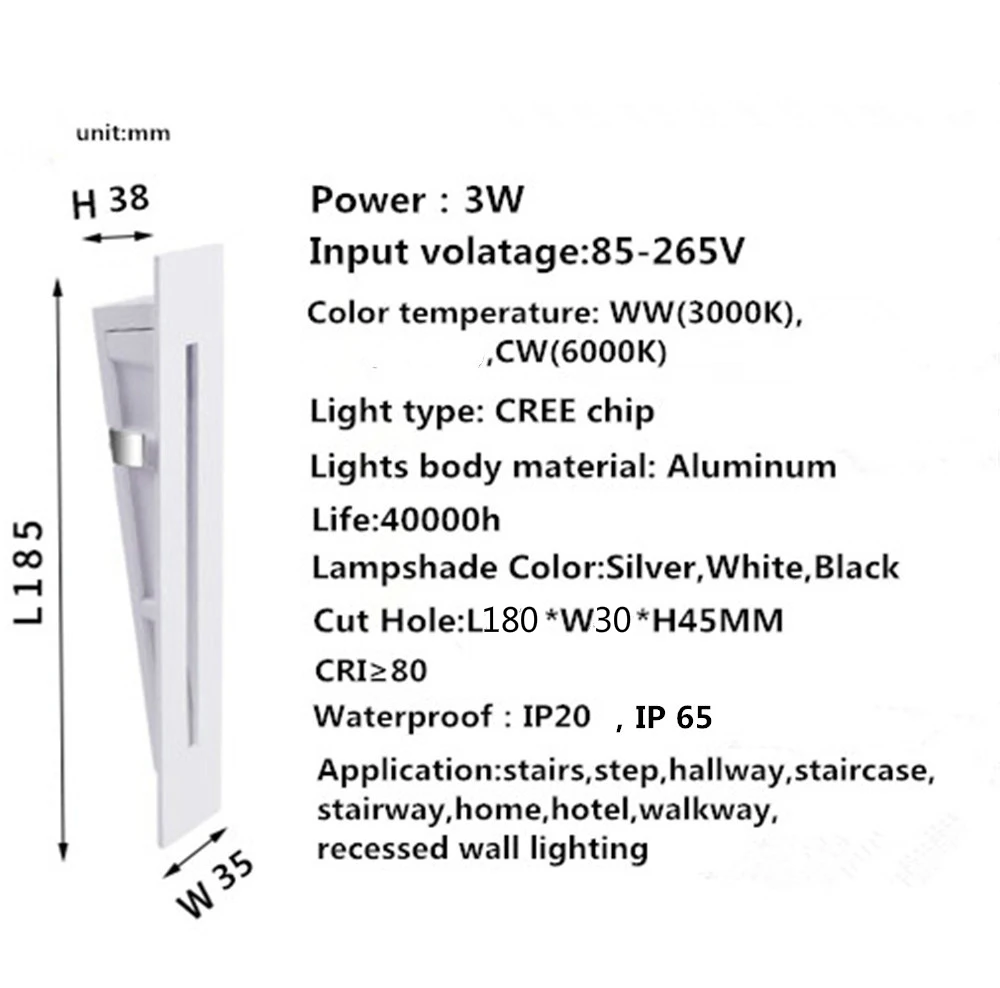 3W Встраиваемый светодиодный лестничный настенный светильник, лестничная лестница, лестничная лестница, лестничная лампа, AC85-265V, для помещений, улицы, IP65, угловой настенный светильник s