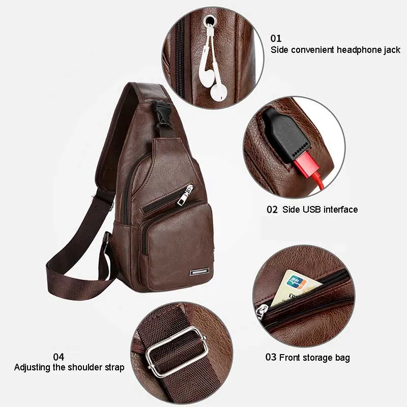 Men Teen Chest Pack Leather Sling Shoulder Bag Boys Portable USB Charging Phone Crossbody Bag Fashion Handbag Bolsa Deporte