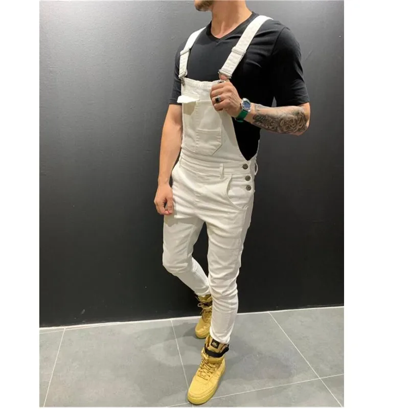 Rice white Высокие уличные карманы джинсы комбинезон для мужчин мода Slim Fit джинсовые комбинезоны Modish ремень повседневные подтяжки состаренные джинсы - Цвет: Rice white