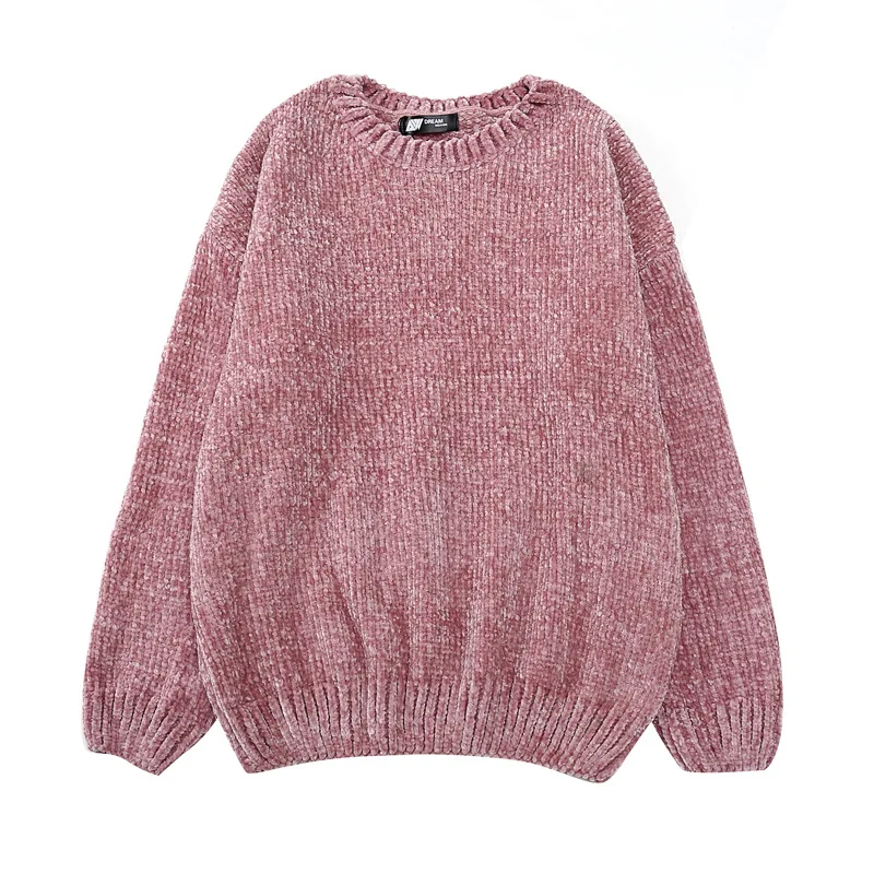 pink Винтажный шикарный женский золотой бархатный вязаный свитер, Женский пуловер с круглым вырезом и длинным рукавом из синели, Свитера большого размера - Цвет: pink