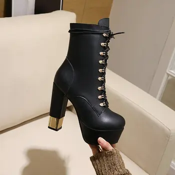 

high heels platform Shoes Woman Ladies Boots Fashion microfiber Leather Women Ankle Boots Women Autumn Winter lace up shoe