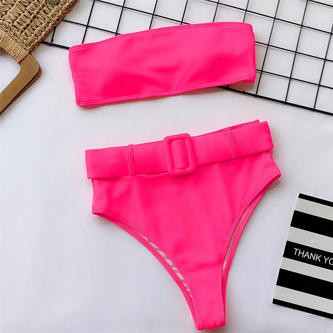 Hot Pink Купальный костюм-бандо с высокой талией, бикини для женщин, купальный костюм, комплект бикини из двух предметов, с резинкой на талии, купальный костюм, купальная одежда V1635 - Цвет: Hot Pink