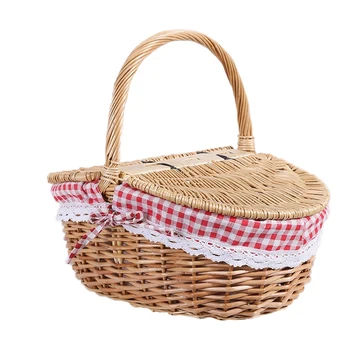 

Country Style Wicker Picnic Basket Hamper with Lid and Handle Liners for Picnics Parties and BBQs