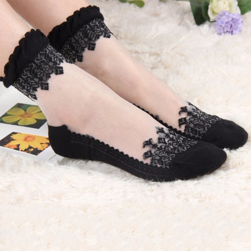 

2 Pair Women Lace Ruffle Ankle Sock Soft Comfy Sheer Silk Cotton Elastic Mesh Knit Frill Trim Transparent Women's socks Hot 2019