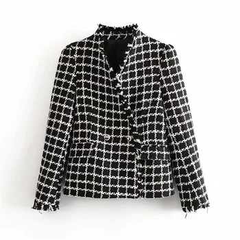 

Fashion sweet plaid tweed suit blazers women 2020 Stylish V neck pockets tassels long sleeve office wear casual tops