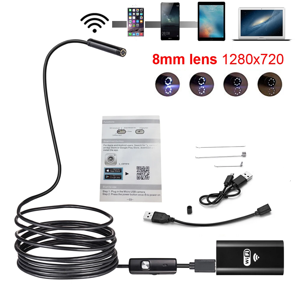 Cámara endoscópica Wifi de 8mm, 1/2/3/5M, Mini Cable suave impermeable, cámara de inspección, endoscopio USB, boroscopio, IOS, endoscopio para Iphone