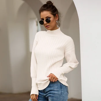 

2019 Elegant Women Loose KnitSweater Autumn Winter Warm Turtleneck Jumper Streetwear Long Lantern Sleeve Basic Pullover White