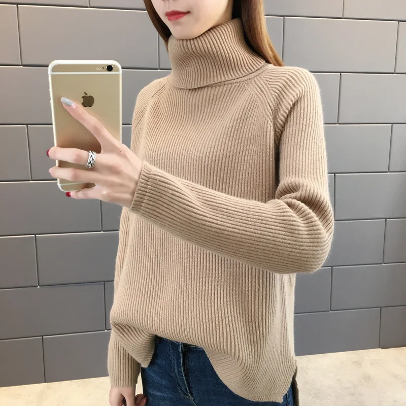 

Classic Stripec Knitted Thicked Turtleneck Women Sweater 2019 Simple Winter Solid Loose Sweater Womans Knit Long Sleeved Tops