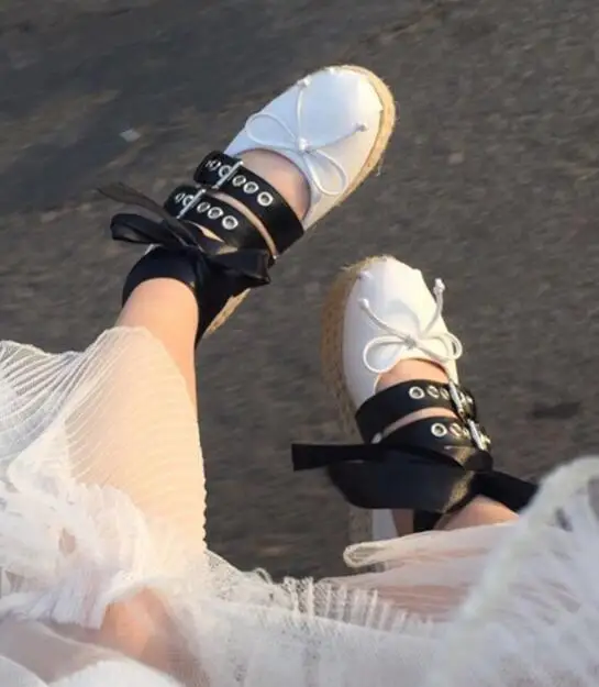 

Moraima Snc Round Toe Butterfly-knot Flat Platform Shoes Woman Lace-up Rope Bradied Casual Shoe Leather Ballet Flat Shoe White