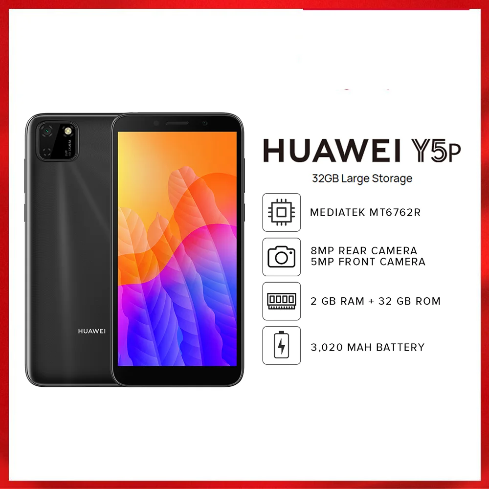 Original Global Huawei Y5P Smart Phone 2GB RAM+32GB ROM 5.45 inches EMUI 10.1 3020 mAh Mobile phone 8 MP +5 MP Camera Cellphone