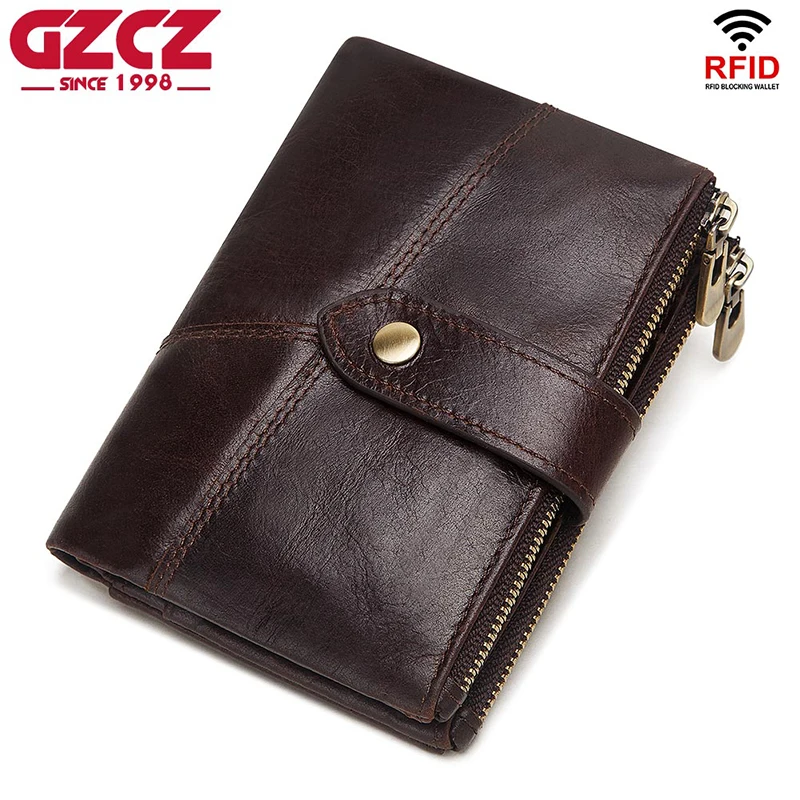 Baratos GZCZ RFID cuero genuino Rfid billetera hombres Crazy Horse carteras monedero corto hombre dinero bolsa calidad diseñador Mini Walet pequeño