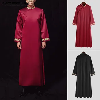 

Chinese Style Men Robes Printed Retro Button Stand Collar Vintage Traditional Long Sleeve Cheongsam Men Long Gowns INCERUN S-5XL