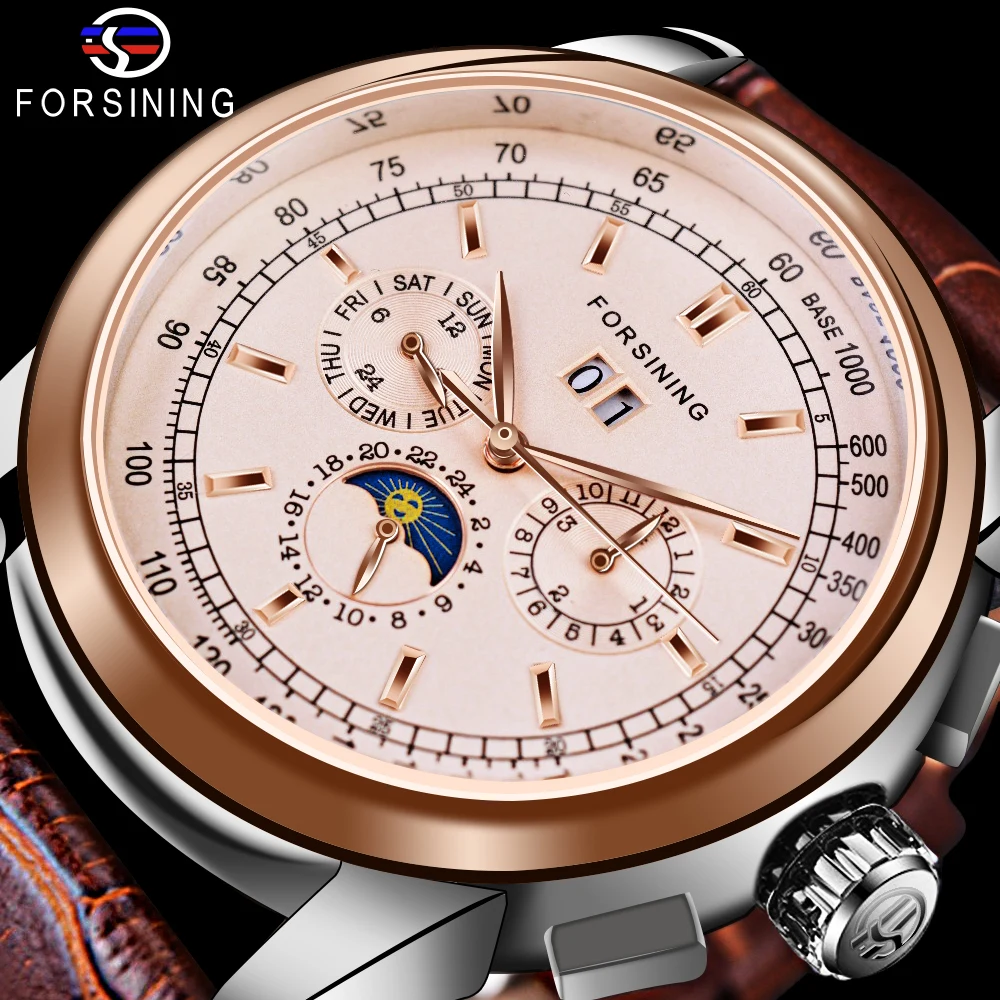 Forsining Moon Phase Shanghai Movement Rose Gold Case Brown Leather Strap Men Watch Top Brand Luxury Automatic Self Wind Watch