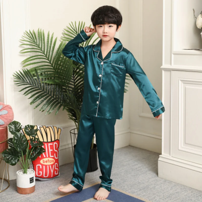 Childrens Boys Girls Ice Silk Pajamas Cardigan Long-sleeved Sleepwear Nightgown