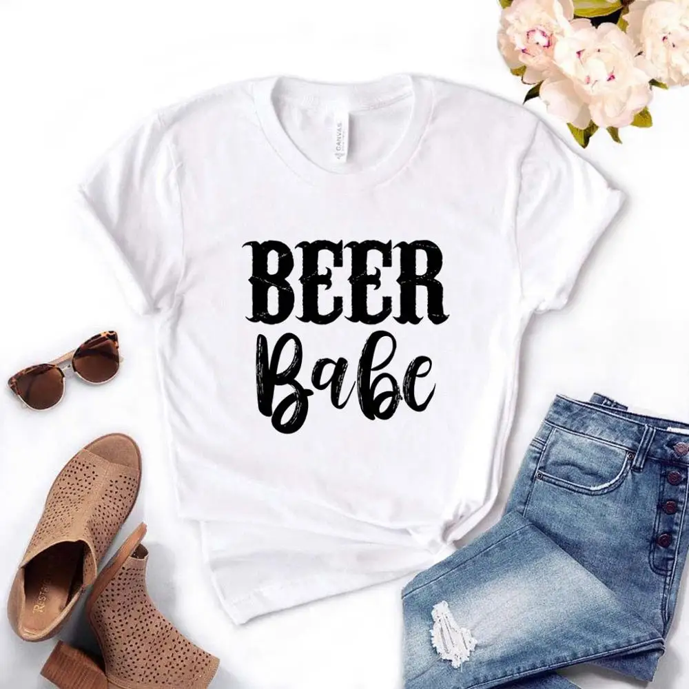 Белый Женская футболка с принтом «Beer babe», смешные изделия из хлопка, футболка, подарок для леди, Yong girl, топ, футболка, Прямая поставка, PM-5 - Цвет: Белый