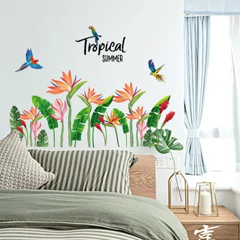 

Tropical Summer Green Leaves Birds of Paradise Flower Wall Stickers Home Decor Living Room Sofa Decoration self-adhesive Decals