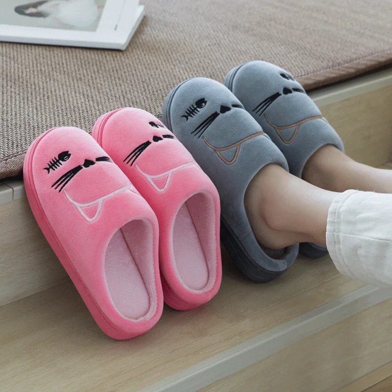 Women Winter Home Slippers Cartoon Cat Shoes Non-slip Soft Warm House Slippers Indoor Bedroom Lovers Couples Shoes