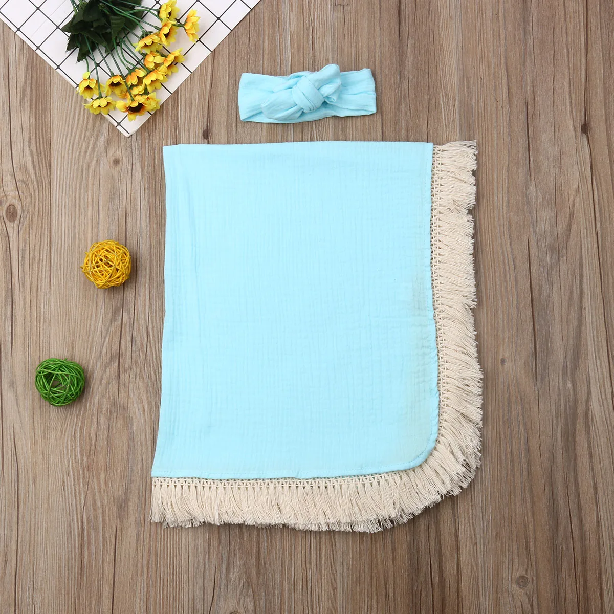 Для новорожденного мягкий кисточки пеленать для завёртывания для пеленания спальный мешок повязка на голову набор - Цвет: Light Blue