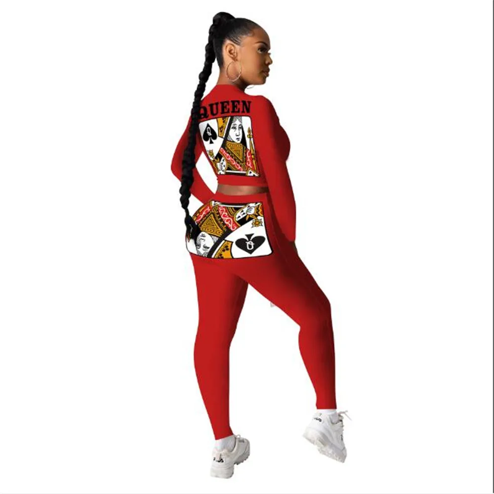 2021Fashion Hip Hop Women/Girl O-Neck Poker Print Long Sleeve T-Shirt + Elastic Waist Pants 2 Piece Casual Sets Oversize S-4XL |